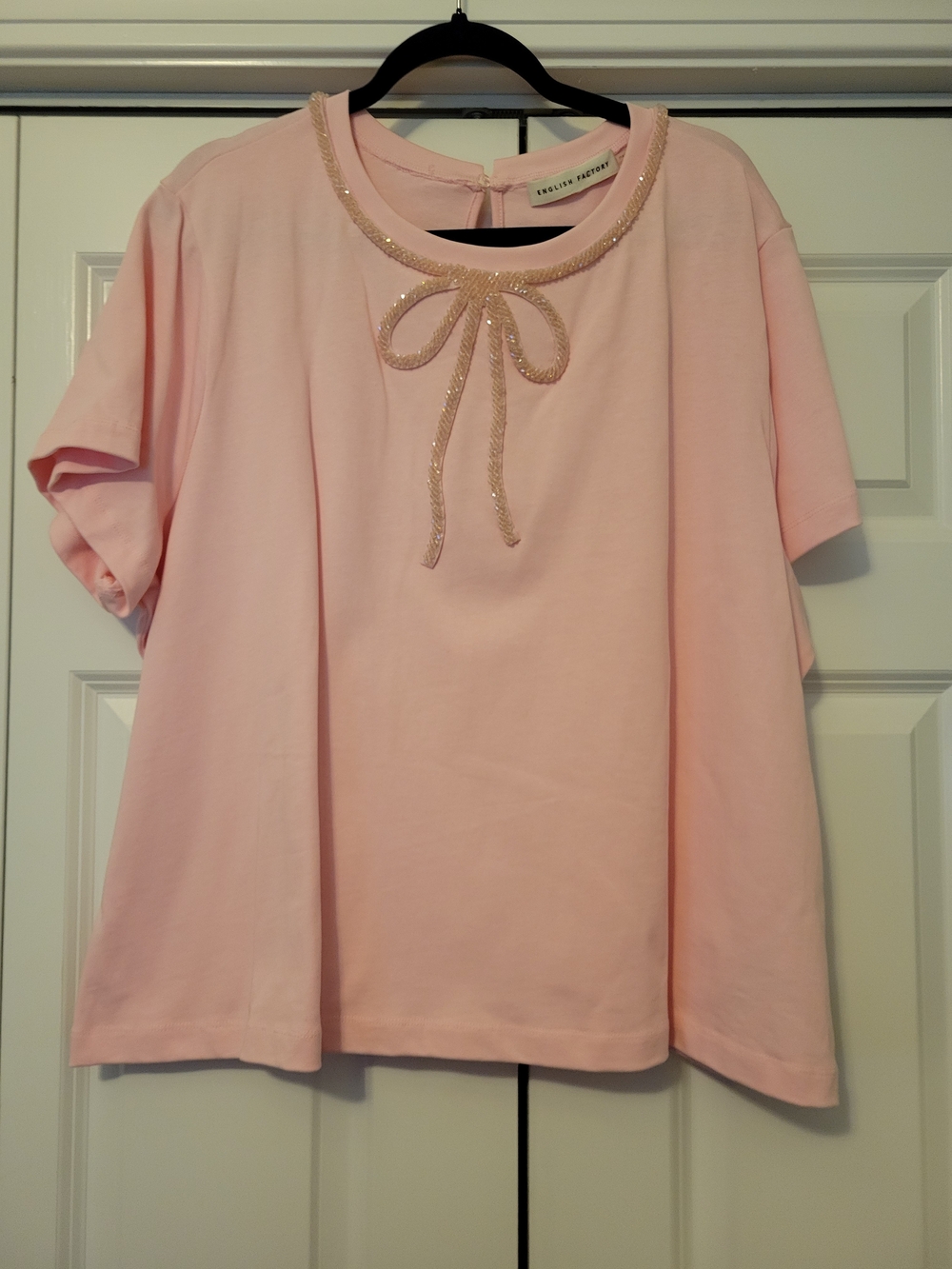 English Factory Light Pink Short Sleeve Top with Beaded Bow Neck